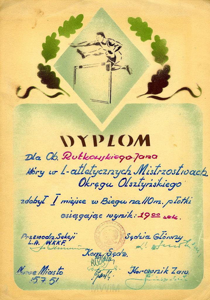 KKE 3247.jpg - Dyplom, Jana Rutkowskiego za I m. skok przez płotki, Nowe Miasto, 1951 r.